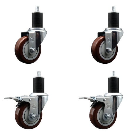 Service Caster 3.5'' Maroon Poly Swivel 1-3/4'' Expanding Stem Caster Set 2 Total Lock Brakes, 4PK SCC-EXTTL20S3514-PPUB-MRN-2-S-2-134